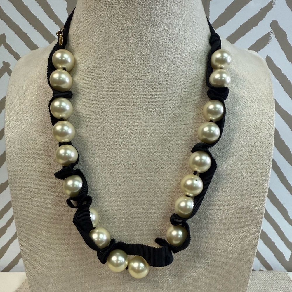 J Crew Pearl Black Ribbon Tie Necklace